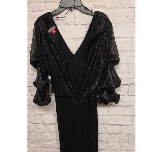 Vince Camuto Black Metallic Ribbed Puff Sleeve Jumpsuit Women's Size S - Picture 12 of 12